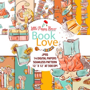 Booklover Digital Papers, Books Collage, Seamless Patterns, Reading Girl, Surface Pattern, Cozy Background, Bookworm craft paper, Book home