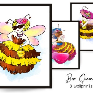 Bienenkönigin Wandbild, Fee Magie Kunst Digitaler Download, Kinderzimmer Dekor, Kinderzimmer Groß druckbare Illustration, Honig Pastell Farben, Set