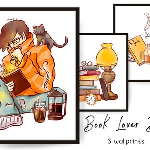 Booklover Wall Print, Books Art Digital Download, Modern Decor, Reading Boy Large Printable  Illustration, Pastel Colors, Bookworm art, set