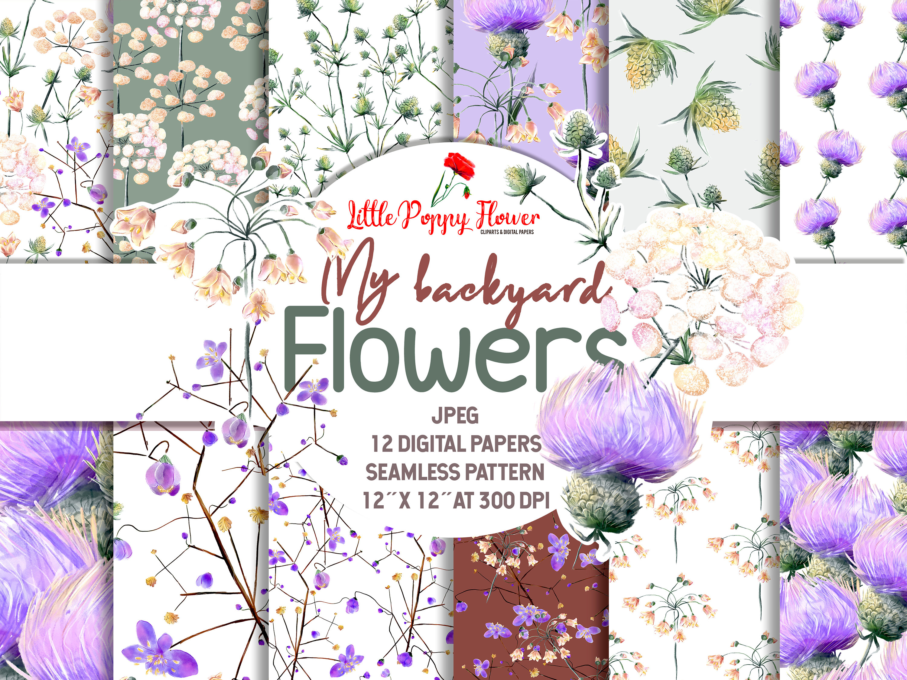 Spring Flower Paper Pack, Scrapbook Papers, Scrapbooking Kit, Digital