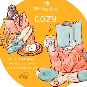 Booklover ClipArt, Bücherwurm lesen Mädchen Clipart, gemütliche Haus-Illustration, Planer Mädchen, Home-Szene, Sticker, Bücher, Möbel, set