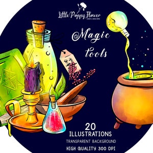 Könnte beinhalten: Ein Set mit 20 digitalen Illustrationen von magischen Werkzeugen, darunter ein Kessel, ein Buch, eine Kerze, ein Mörser und Stößel sowie Flaschen mit Zaubertränken. Die Illustrationen sind im Aquarellstil gehalten und haben ein verspieltes, magisches Flair.