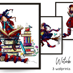 Witch Booklover Wall Print, Books Art Digital Download, Halloween Modern Decor, Reading Witch Large Printable  Illustration, Bookworm art