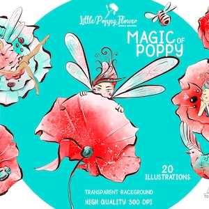 Fairy digital PNG pack, Scrapbook kit, instant download, fearie printable, image, poppy flower print, fantasy art, planner, craft diy