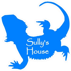 May include: A blue silhouette of a bearded dragon with the text "Sully's House" inside the silhouette.