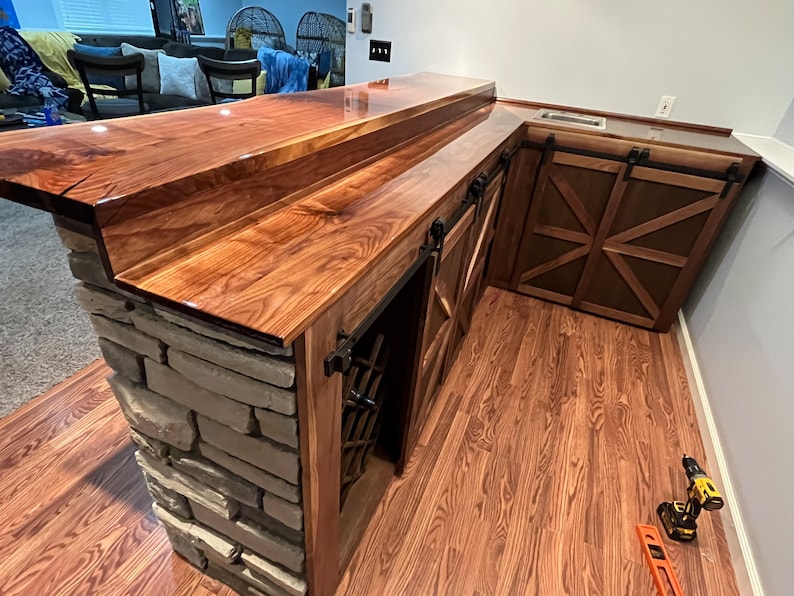 Custom Live Edge Walnut Top, Stone Base Indoor Bar. Etsy