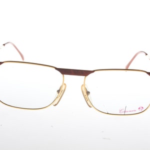 May include: Gold-rimmed eyeglasses with a brown frame and clear lenses. The brand name "Capricciosa" is printed in pink on the right lens.
