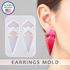 May include: A clear silicone earring mold with multiple geometric shapes. A pair of red and pink earrings are worn on a person's ear. The text "EARRINGS MOLD" is displayed at the bottom of the image.