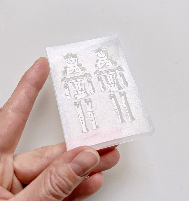 May include: A clear, rectangular mould featuring two detailed nutcracker soldier designs. The mould is held in a hand against a white background. The nutcrackers have hats, moustaches, and buttoned jackets, ideal for festive crafts.