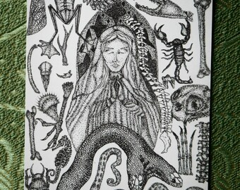 May include: Black and white pen and ink illustration featuring a central figure surrounded by various anatomical and natural elements. The artwork includes a frog, scorpion, snake, and other detailed biological forms.