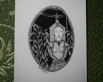 May include: Black and white ink drawing of a woman standing in front of a church, framed by an oval border. Corn stalks are on the left side. The text "Mourning Glory" is written at the bottom.