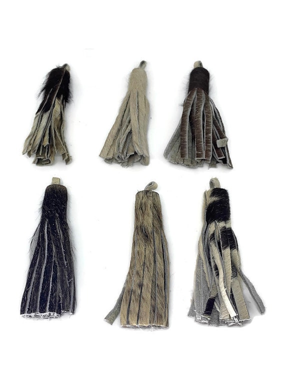 Cowhide Tassel - Leather Tassels for Handbags - Purse Charm - Keychain -  Gray, Brown and White