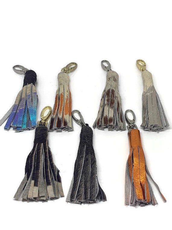 Cowhide Tassel Leather Tassels for Handbags Purse Charm Keychain Gray,  Brown and White 