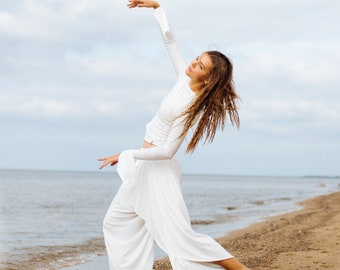 Boho Set ~ Tencel Top Flowy Organic Cotton Yoga Harem Pants, Crop Top ~ Bohemian Trousers Jumper Costume ~ Shamanic Tribal Clothing /ELYSIAN