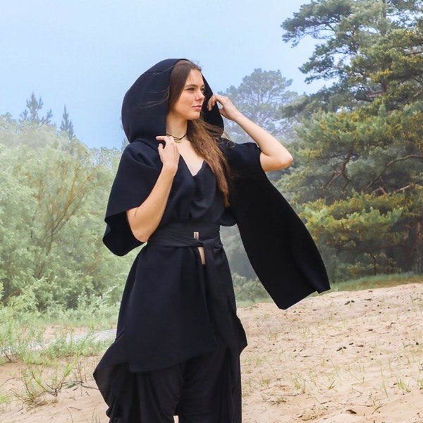 Hooded Organic Shamanic Cloak ~ Pagan Ritual Clothing Mantle ~ Warm Wiccan Cape Cover Up Blanket Scarf ~ Druid Black Wrap Shawl /AWEN