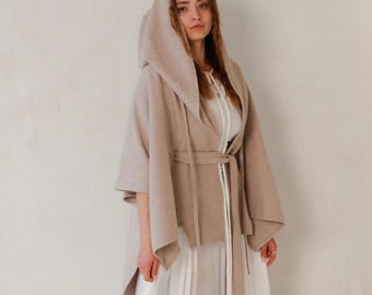 Warm Priestess Waistbelt Organic Cotton Hood Cloak ~ Shamanic Cover Up Cape Ceremony Temple Poncho Coat ~ Burning Man Festival Wear /TALIA