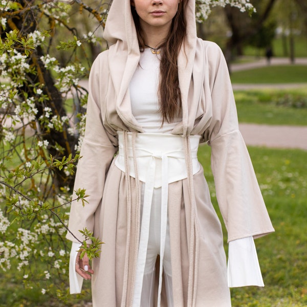 Organic Fleece Priestess Mantle ~ Hooded Bohemian Duster Coat ~ Warm Cotton Cape Cover Up Shamanic Cloak ~ Cardigan Wrap Sorceress Burnous