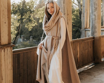 Warm Priestess Organic Cotton Hood Kaftan Shawl Cloak ~ Shamanic Cover Up Cape Ceremony Temple Long Coat ~ Burning Man Festival Wear /ASHIRA