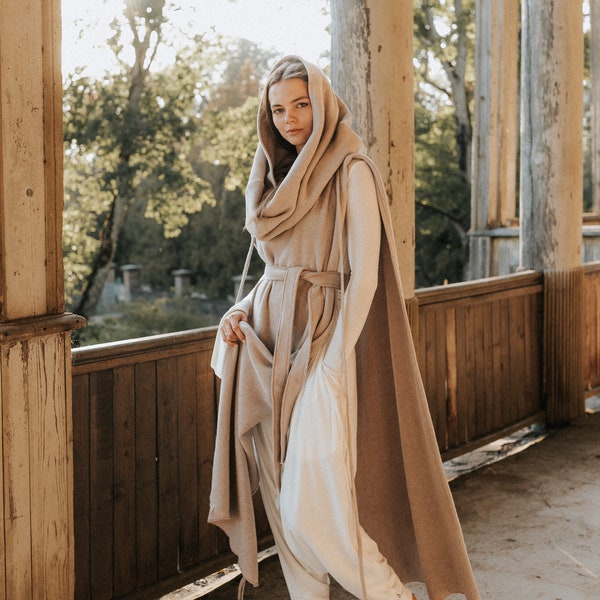 Warm Priestess Organic Cotton Hood Kaftan Shawl Cloak ~ Shamanic Cover Up Cape Ceremony Temple Long Coat ~ Burning Man Festival Wear /ASHIRA