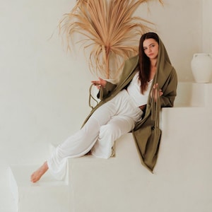 Organic Fleece Priestess Hood Mantle ~ Bohemian Summer Coat ~ Warm Cotton Cape Cover Up Shamanic Cloak Cardigan Wrap Sorceress Robe Burnous