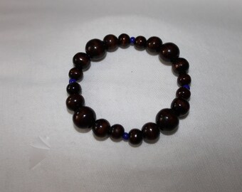 Wood and Blue Bead Beaded Bracelet