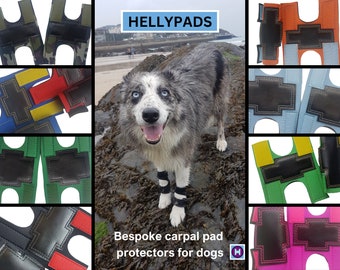 HELLYPADS bespoke pair of carpal pad and dewclaw protectors for dogs, handmade for flyball & speedy dogs in neoprene, hook/loop, leather