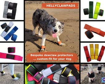 HELLYCLAWPADS pair of dog front-leg dewclaw protectors, bespoke, custom-fit, handmade out of neoprene, hook & loop fastening and leather