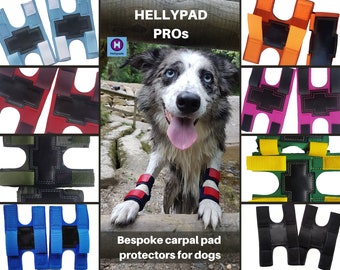 HELLYPAD PROS pair of dog carpal pad and dewclaw protectors, bespoke, handmade out of neoprene, hook & loop fastening and leather