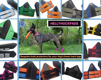 HELLYHOCKPADS pair of custom-fit hock protectors for a dog's lower back legs. Handmade in neoprene, hook & loop fastening and leather