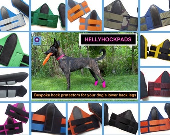 HELLYHOCKPADS pair of custom-fit hock protectors for a dog's lower back legs. Handmade in neoprene, hook & loop fastening and leather