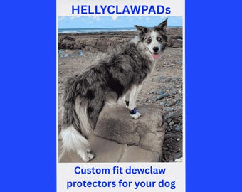 Par de protectores de espolones para patas delanteras de perro HELLYCLAWPADS, vendajes personalizados hechos a medida en neopreno, cierre de velcro y cuero.