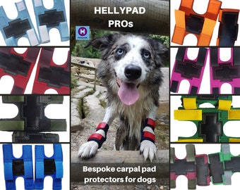 HELLYPAD PROS pair of dog carpal pad and dew claw protectors, bespoke, handmade out of neoprene, hook & loop fastening and leather