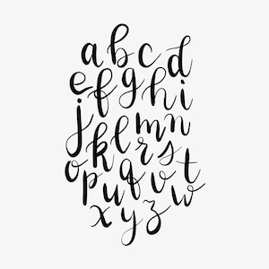 May include: Black cursive alphabet letters a through z on a white background. The letters are in a handwritten style, with varying thicknesses and elegant curves. The letters are arranged in a slightly curved, descending pattern.