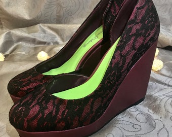 Maroon and Black Lace Platform Wedges