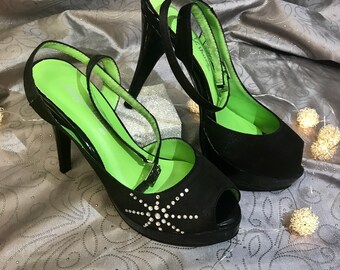 Black Platform Heels with Rhinestones Starbursts