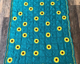 Crochet Sunflower Granny Square Afghan, Crochet Afghan, Sunflower Afghan, Flower Afghan, Handmade Afghan, Made to Order
