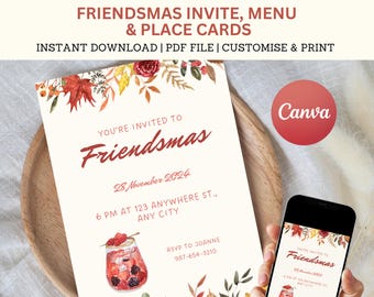 May include: Printable invitation and place card template for a Friendsmas party. The design features a watercolour illustration of autumn leaves, berries, and a cocktail. The text reads "You're invited to Friendsmas" and includes the date, time, and location of the party.