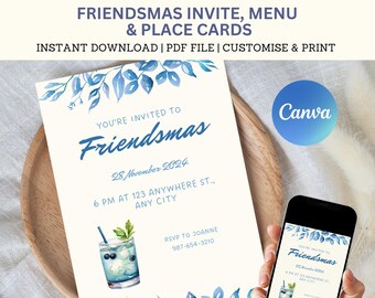 May include: A printable invitation for a Friendsmas celebration. The invitation features a blue watercolour design with leaves and a cocktail glass. The text reads "You're invited to Friendsmas, 28 November 2024, 6 PM at 123 Anywhere St., Any City. RSVP to Joanne 987-654-3210."