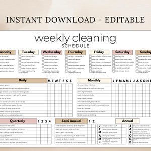 May include: A printable weekly cleaning schedule checklist with a pink and brown color scheme. The checklist includes daily, weekly, monthly, quarterly, semi-annual, and annual cleaning tasks. The checklist is divided into days of the week and includes a calendar for tracking cleaning tasks.