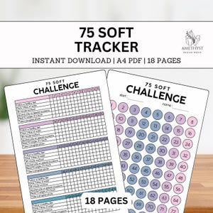 May include: A printable 75-day challenge tracker with 18 pages. The tracker has a grid layout with a list of daily tasks, including following a healthy diet, drinking water, working out, reading, and taking progress photos. The tracker is designed to help people stay motivated and on track with their goals.