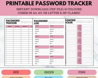Pack de suivi de mot de passe imprimable |  Journal des mots de passe | Gardien de mot de passe | Suivi de compte | Journal des mots de passe | Modèle de mot de passe | Organisateur