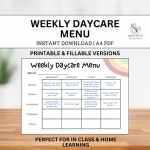Daycare Weekly Menu | Daycare Meal Plan | Family Meal Planner | Home School | Homeschool Menu | Daycare Meal Menu | Fillable Pdf