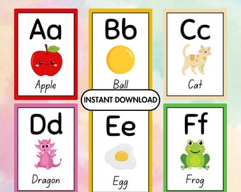 Può includere: Sei poster dell'alfabeto colorati per bambini, ognuno con una lettera, un'illustrazione e una parola. Le lettere sono A, B, C, D, E ed F. Le illustrazioni sono una mela, una palla, un gatto, un drago, un uovo e una rana. Le parole sono Mela, Palla, Gatto, Drago, Uovo e Rana.
