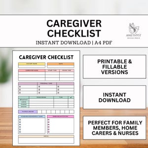 Könnte beinhalten: Druckbare Betreuer-Checkliste im A4-PDF-Format. Die Checkliste enthält Abschnitte für den Namen des Patienten, das Datum, den Namen des Betreuers, Start- und Endzeiten, persönliche Pflege, Essen und Trinken, Flüssigkeiten, Reinigung und Haushaltsaufgaben, Bewegung und Aktivitäten sowie Notizen.