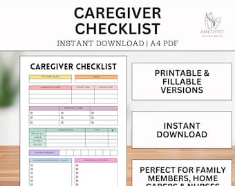 Caregiver Checklist Printable | Caregiver Daily Log | Caregiver Daily Plan | Caregiver Gift | Medication Log | Daily Tasks | Fillable Pdf