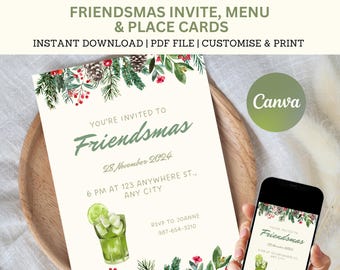 May include: A printable invitation for a Friendsmas party with a green, red and white Christmas theme. The invitation features a festive cocktail with a lime wedge and a pine branch border. The text reads "You're invited to Friendsmas 28 November 2024 6 PM at 123 Anywhere St., Any City RSVP to Joanne 987-654-3210"
