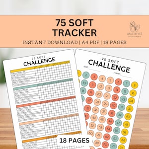 May include: A printable 75-day challenge tracker with 18 pages. The tracker has a grid with 75 squares and a list of daily tasks to complete. The tasks include following a healthy diet, drinking 3 liters of water, completing a 45-minute workout, reading 10 pages of a book, and taking a progress photo.