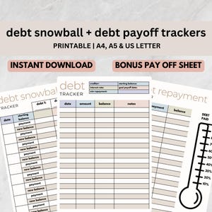 May include: Printable debt snowball and debt payoff trackers in a light pink, beige, and white color scheme. The printable sheets include sections for date, amount, balance, notes, and payment. The printable also includes a bonus pay off sheet with a thermometer graphic.