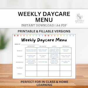 Daycare Weekly Menu | Daycare Meal Plan | Family Meal Planner | Home School | Homeschool Menu | Daycare Meal Menu | Fillable Pdf