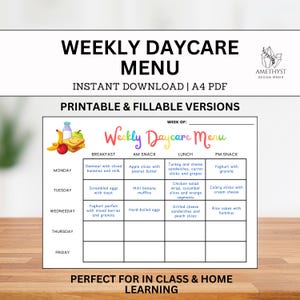Daycare Weekly Menu | Daycare Meal Plan | Family Meal Planner | Home School | Homeschool Menu | Daycare Meal Menu | Fillable Pdf